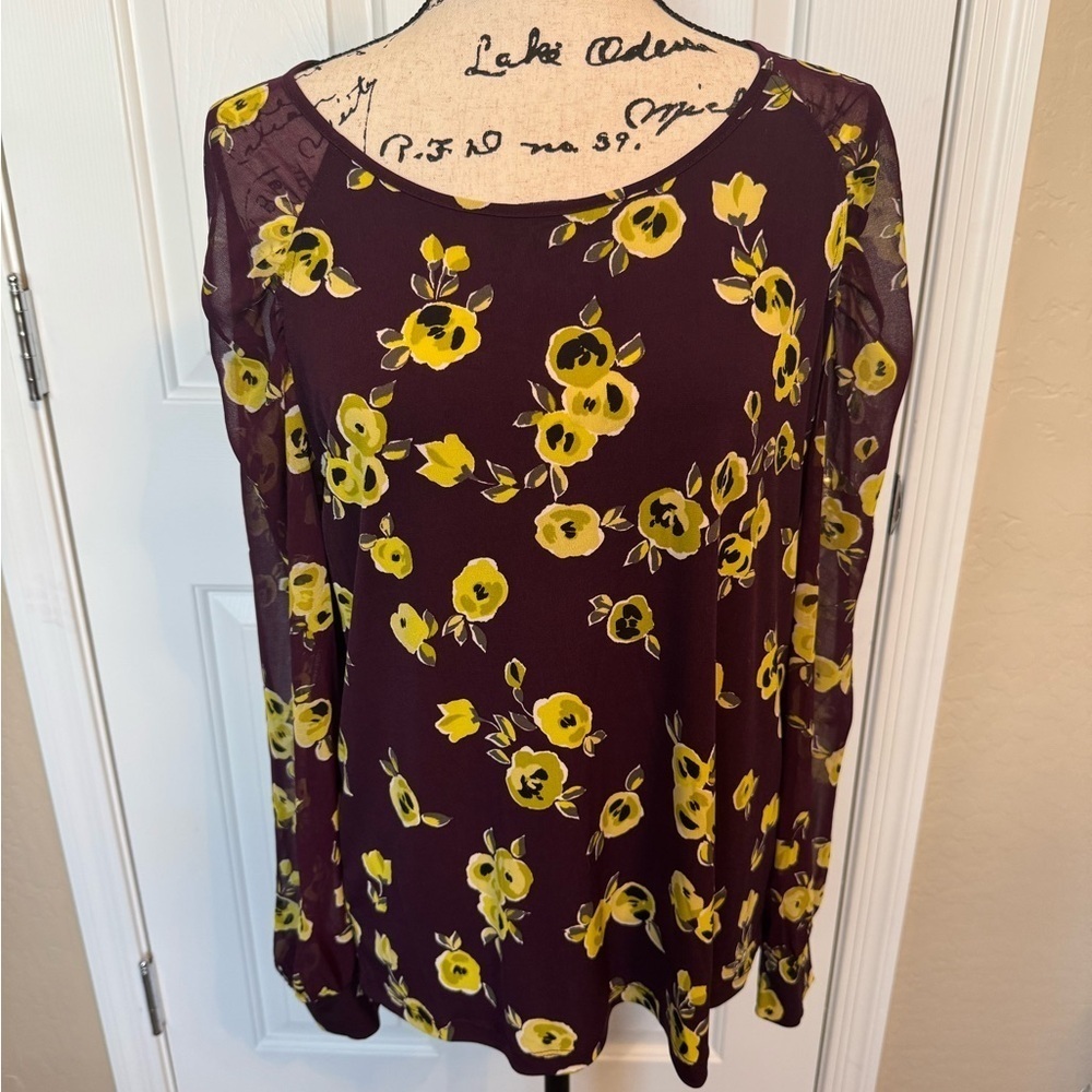 Calvin Klein NWT Plum and Yellow Floral Sheer Long Sleeve Blouse Size Large